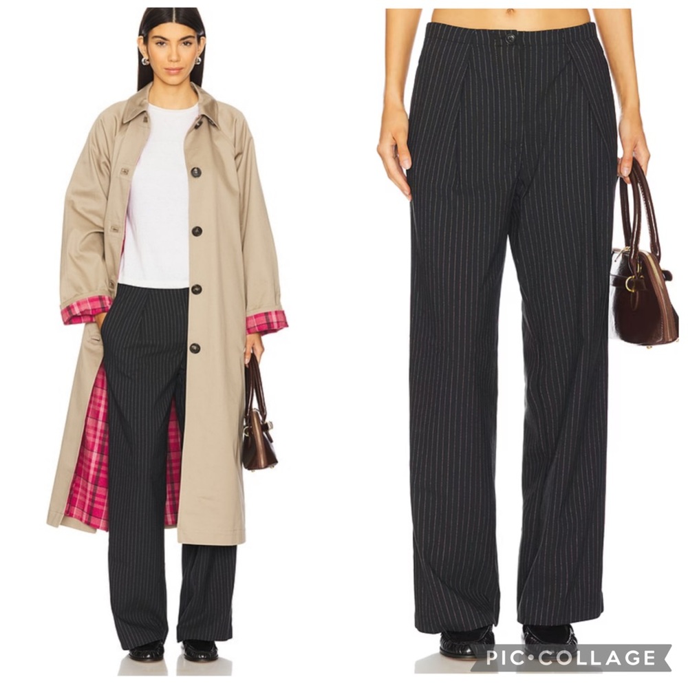 Free People Tyler Trouser Pleated Wide Leg Black Combo Pinstripe M‎